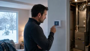 Homeowner checking a thermostat on a cold day with the furnace not heating