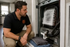Ice buildup on an air conditioner refrigerant line during a humid summer