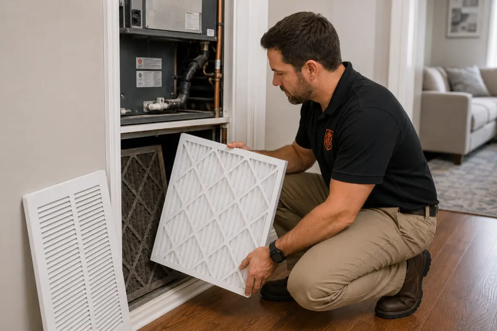 Comparing a clean HVAC air filter with a clogged one before replacement
