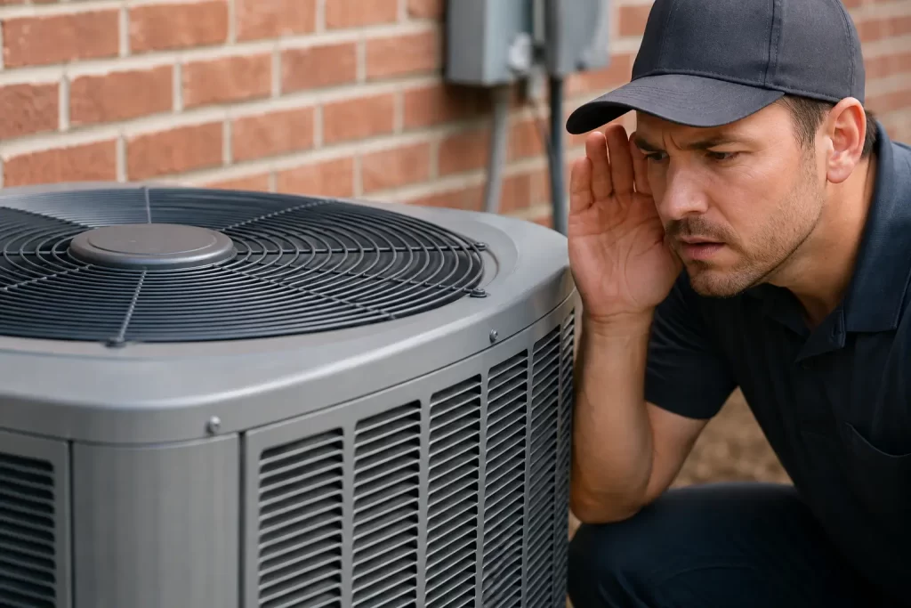 Technician listening to or inspecting an outdoor HVAC condenser unit, 1200×800 px