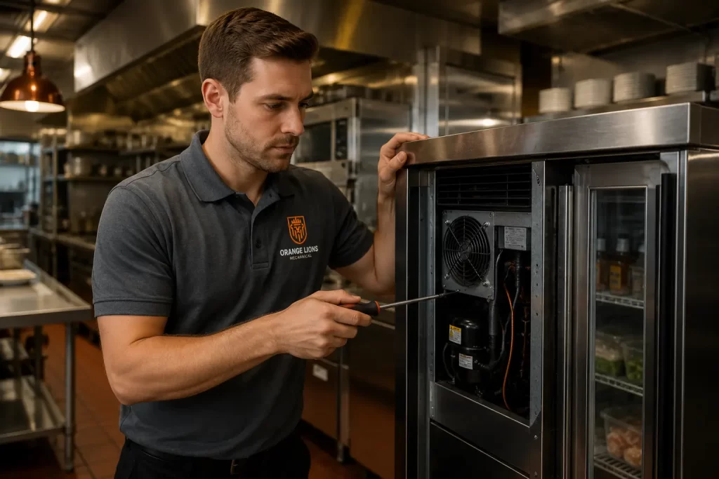Commercial kitchen line during service, dependent on walk-in refrigeration