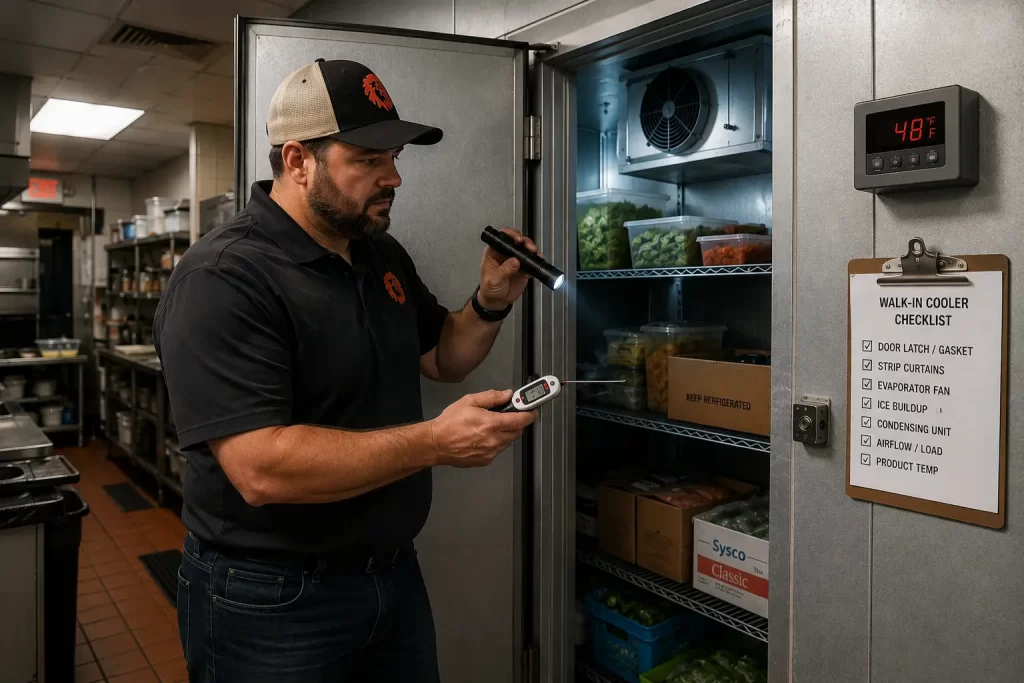 Restaurant walk-in cooler interior with stocked shelves and evaporator fan