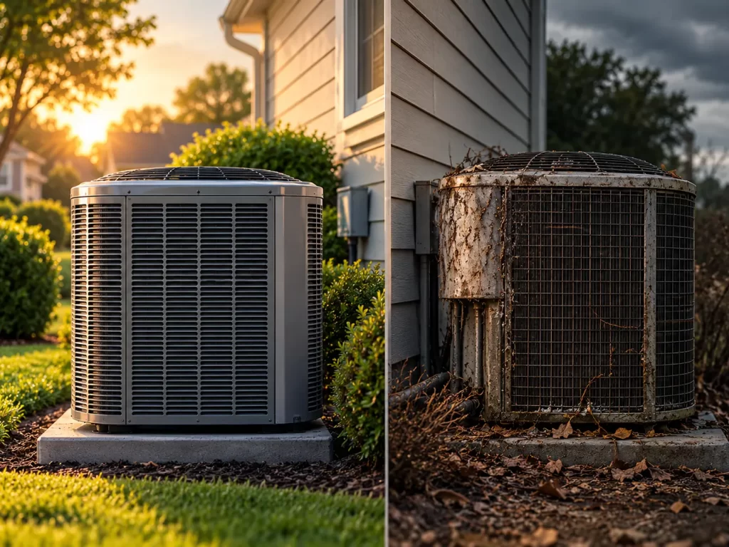 Side-by-side comparison of a well-maintained and a neglected HVAC outdoor unit in Charlotte, NC